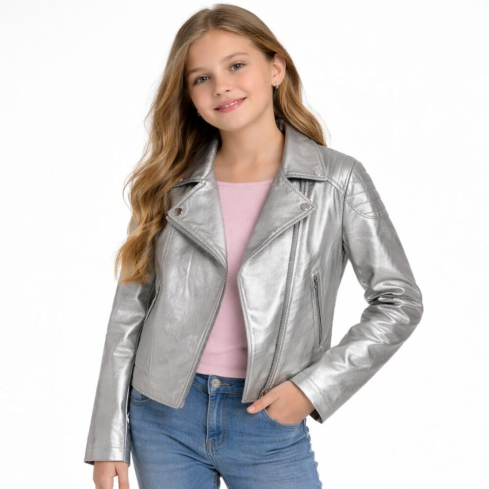 Me Jane Faux Leather Silver Moto Jacket Girls Size 12